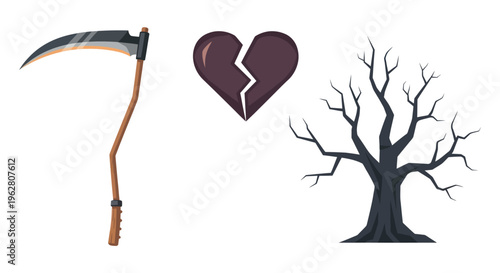 Scythe and broken heart tree symbols.