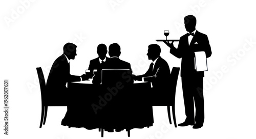 Silhouette of waiter and businessmen dining.
