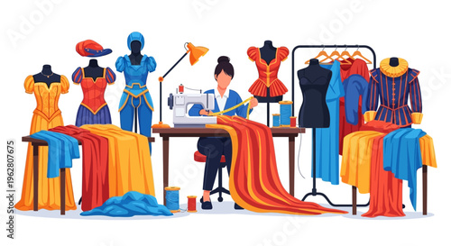 Fashion designer working on sewing machine with fabrics and mannequins.