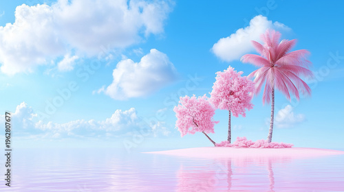 A serene pink-hued tropical island with lush trees reflecting in calm waters under a bright blue sky