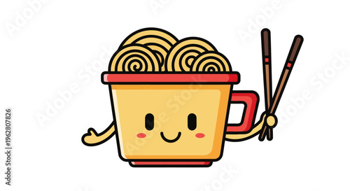 Smiling cartoon noodles in bowl.