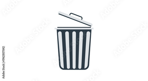 Black metal trash can with lid.