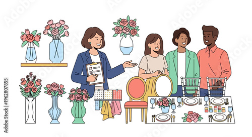 Event Planning Consultation with Floral Arrangements and Table Setting.