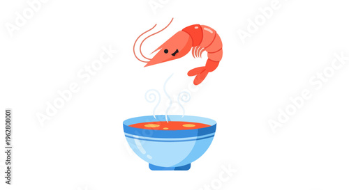 Shrimp above a bowl of soup.