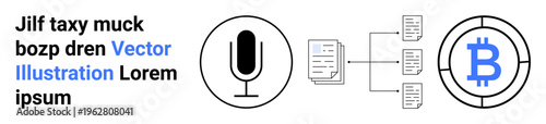 Cryptocurrency, blockchain, digital economy, data transfer, financial tech, audio processing. Microphone, document flow diagram bitcoin logo. Cryptocurrency and blockchain technology