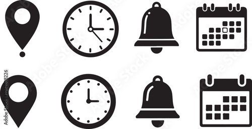 Location pin, clock, bell, and calendar icons for planning and time