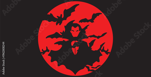 Gothic Vampire Silhouette Art - Minimalist Dracula with Bats and Blood Red Moon Vector Illustration