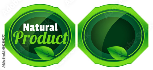 Natural product glossy badge with green leaf icon for organic food packaging and marketing