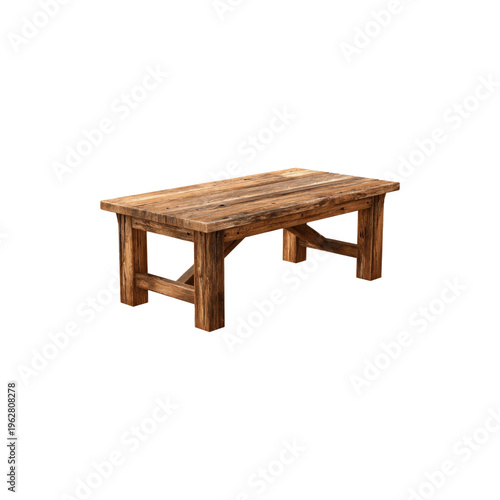 Rustic wooden coffee table isolated on black background, farmhouse furniture design, vintage solid wood low table for interior decor