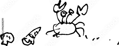 Simple monochrome pen line drawing of a crab and seashells with footprints in a doodle style