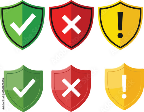 Shield icon set with checkmark, x mark, and exclamation for security & status