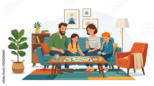 Family Playing Board Game Together in Living Room.