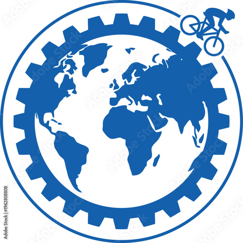 Minimalist global bicycle day vector gear planet cyclist orbit sustainable transport mobility eco travel icon design illustration