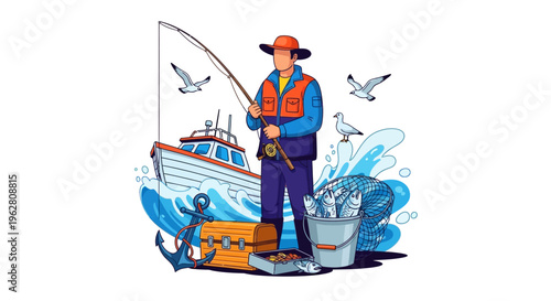 Fisherman standing with fishing rod and boat.