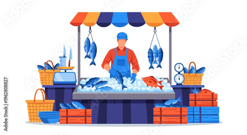 Fishmonger Selling Fresh Seafood at Market Stall.