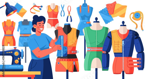 Fashion designer working with mannequins and sewing machine.