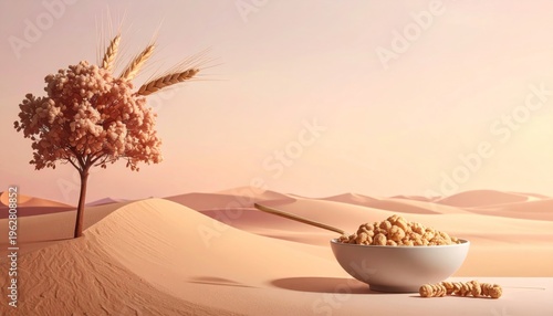 Cereal bowl with wheat grains in a desert landscape