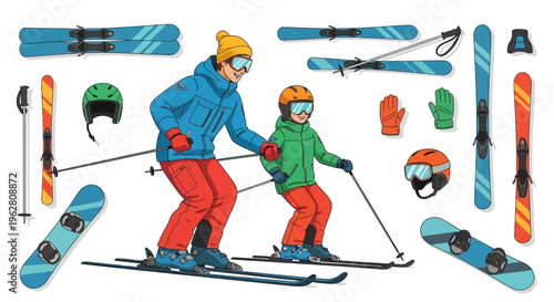 Father and Son Skiing Together Enjoying Winter Sport.
