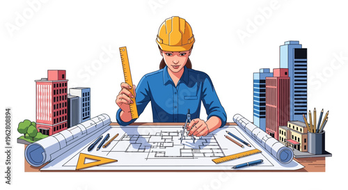 Female architect working on blueprints with construction tools.