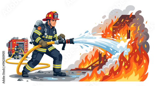 Firefighter bravely battling a raging house fire with a powerful water hose.