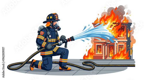 Firefighter bravely battles raging house fire with hose.