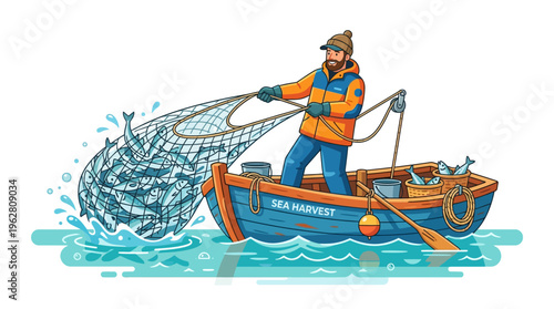 Fisherman hauling a large net full of fish from a boat.