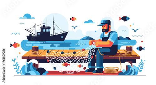 Fisherman Mending Net on Dock with Boat and Fish.