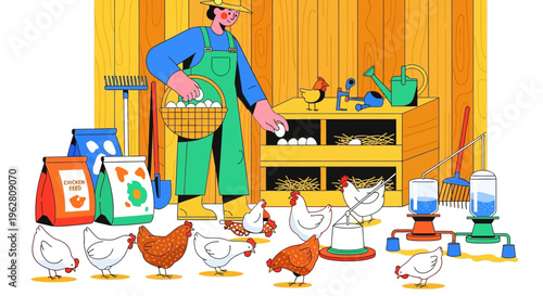 Farmer collecting fresh eggs from happy chickens on a farm.