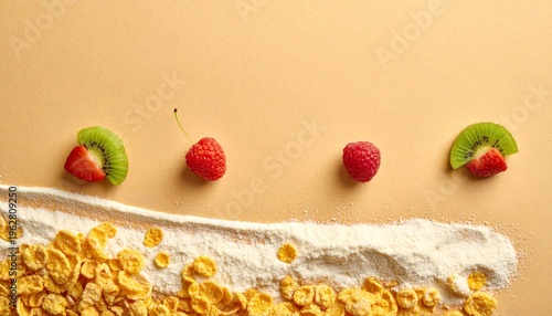 Cereal with fresh raspberries on a clean beige background