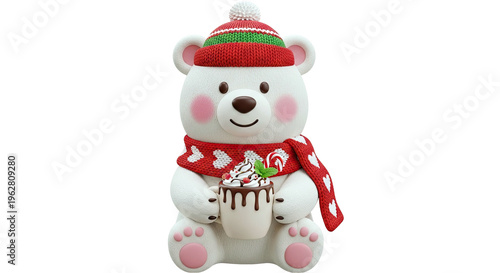 Cute Polar Bear with Hot Chocolate, Winter Hat, and Scarf
