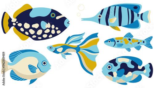 Collection of stylized colorful fish with various patterns and fins swimming in a fluid aquatic arrangement underwater marine sea ocean group illustration tail bubbles vibrant