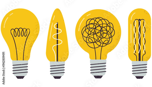 Four stylized yellow light bulbs each with a distinct filament design representing diverse ideas and creative processes 166 characters concept innovation creativity thinking