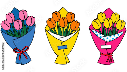 Three colorful bouquets of tulips one pink one orange and one yellow are presented in contrasting colored wrappers tied with bows flowers floral spring celebration gift nature
