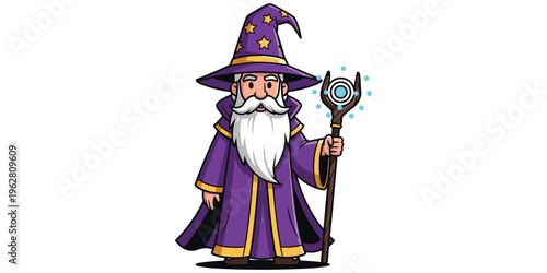 Cartoon wizard in purple robe, magic staff glowing orb, fantasy character, mystical powers, sorcerer, magical spell illustration artwork
