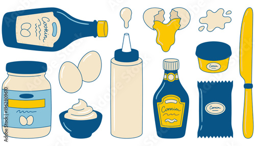 Collection of cooking ingredients and condiments including bottles jars eggs and a knife illustrated in a simple flat design mayonnaise sauce ketchup mustard vinegar oil seasoning