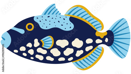 A stylized illustration of a blue triggerfish with a dark blue body light blue fins yellow accents and cream colored spots A circular yellow eye and light blue mouth are visible