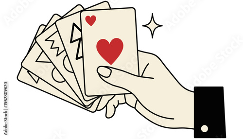 Hand holding a fan of playing cards with a clear focus on the hearts suit suggesting luck or a winning hand gambling casino game fortune chance red ace poker card game hand of cards