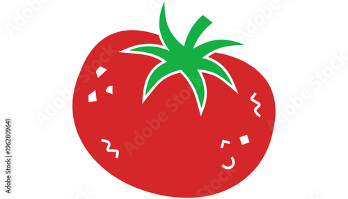 Stylized red tomato with green leafy stem and abstract white speckles and swirls against a plain white backdrop vegetable fruit food fresh healthy organic natural garden produce