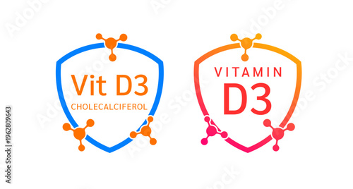Vitamin D3 shield icon collection for product label design. Cholecalciferol molecule form simple line. Isolated on a white background. Medical symbol concept. Vector EPS10 illustration.