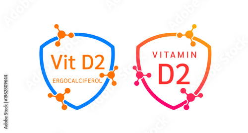 Vitamin D2 shield icon collection for product label design. Ergocalciferol molecule form simple line. Isolated on a white background. Medical symbol concept. Vector EPS10 illustration.
