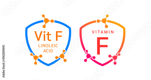 Vitamin F shield icon collection for product label design. Linoleic Acid molecule form simple line. Isolated on a white background. Medical symbol concept. Vector EPS10 illustration.