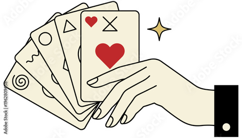 A hand holds a fan of playing cards featuring red hearts geometric shapes and subtle sparkles suggesting fortune or chance holding triangle circle gambling game casino luck