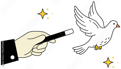 A hand in a tuxedo sleeve holds a magic wand conjuring a white dove with sparkling stars and dots around it illusion performance trick entertainment show mystery fantasy bird