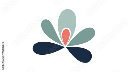 Stylized abstract flower design with five teardrop shaped petals in shades of blue, green, and a central red accent.