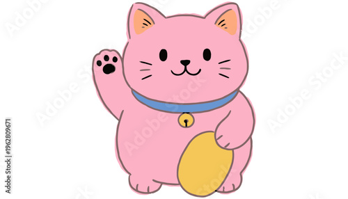 A cute pink Maneki Neko cat figurine with a blue collar and bell waving its paw holding a golden oval shape in a simplified cartoon style lucky cat waving cat pink cat cartoon cat