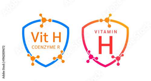 Vitamin H shield icon collection for product label design. Coenzyme R molecule form simple line. Isolated on a white background. Medical symbol concept. Vector EPS10 illustration.