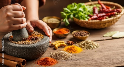 Chef preparing delicious spices on a rustic wooden table