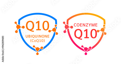 Coenzyme Q10 shield icon collection for product label design. Ubiquinone molecule form simple line. Isolated on a white background. Medical symbol concept. Vector EPS10 illustration.