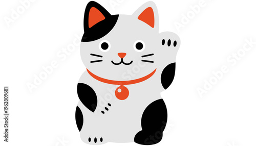 A white Maneki Neko cat with black and orange markings wearing an orange collar with a bell raises its paw in a welcoming gesture lucky cat Japanese cat beckoning cat fortune