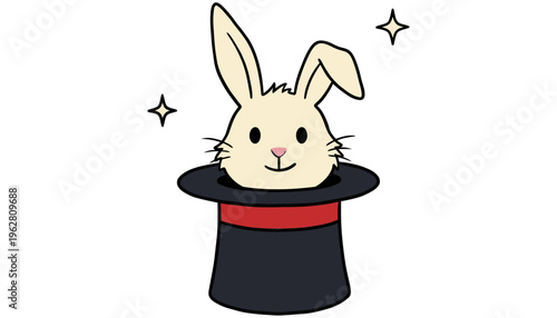 A cute cartoon rabbit emerges from a magician's hat adorned with a red band and surrounded by sparkling stars symbolizing magic and surprise animal fantasy illusion trick